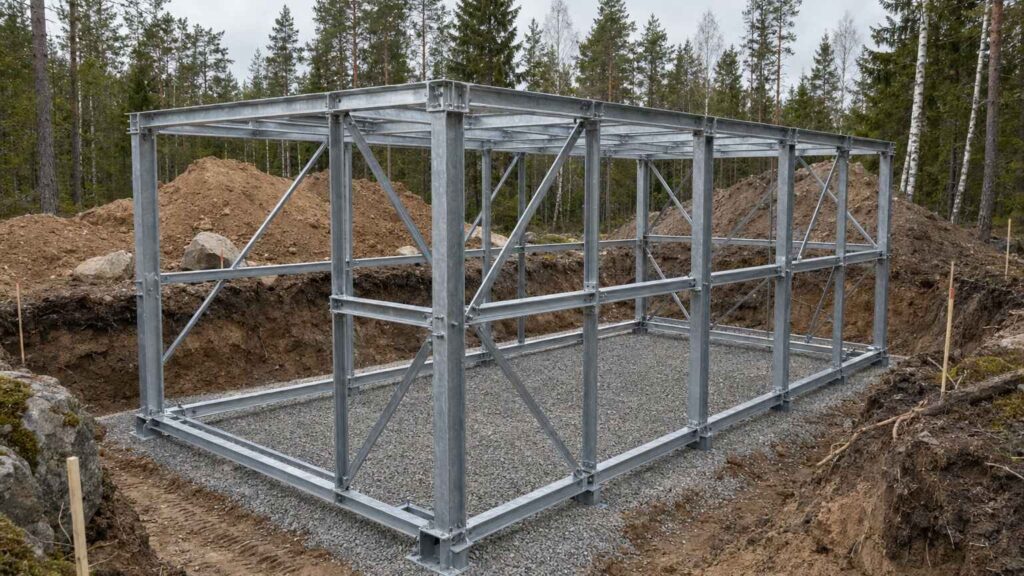 Armeijan käyttöön kehitettävä bunkkerin metallirunkorakenne valmistusvaiheessa.